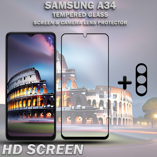 1-Pack SAMSUNG A34 Skærmbeskyttelse & 1-Pack linsebeskyttelse - Hærdet Glas 9H - Super kvalitet 3D