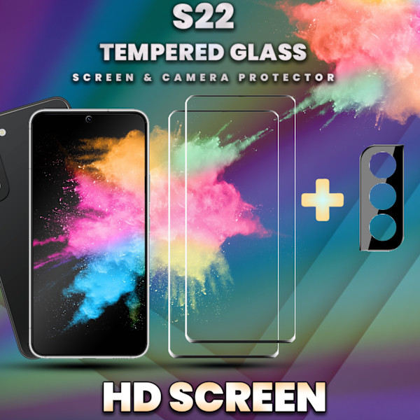 2-Pack SAMSUNG S22 Skærmbeskyttelse & 1-Pack linsebeskyttelse - Hærdet Glas 9H - Super kvalitet 3D