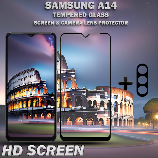 1-Pack SAMSUNG A14 Skærmbeskyttelse & 1-Pack linsebeskyttelse - Hærdet Glas 9H - Super kvalitet 3D