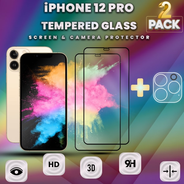 2-Pack IPHONE 12 PRO Skærmbeskyttelse & 1-Pack linsebeskyttelse - Hærdet Glas 9H - Super kvalitet 3D