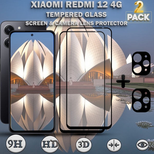 2-Pack XIAOMI REDMI 12 4G Skärmskydd & 2-Pack linsskydd - Härdat Glas 9H - Super kvalitet 3D