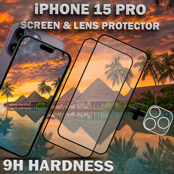 2-Pack iPhone 15 Pro - skärmskydd & 1-Pack linsskydd -härdat glas 9H