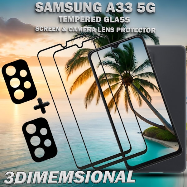 2-Pack SAMSUNG A33 Skærmbeskyttelse & 2-Pack linsebeskyttelse - Hærdet Glas 9H - Super kvalitet 3D