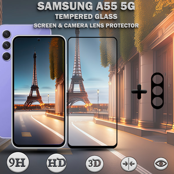 1-Pack SAMSUNG A55 5G Skärmskydd & 1-Pack linsskydd - Härdat Glas 9H - Super kvalitet 3D