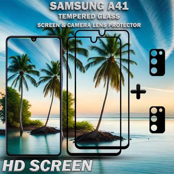 2-Pack SAMSUNG A41 Skærmbeskyttelse & 2-Pack linsebeskyttelse - Hærdet Glas 9H - Super kvalitet 3D