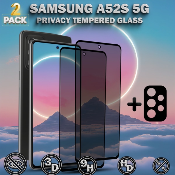 2-Pack Privacy Samsung A52S 5G Skärmskydd & 1-Pack linsskydd - Härdat Glas 9H - Super kvalitet 3D