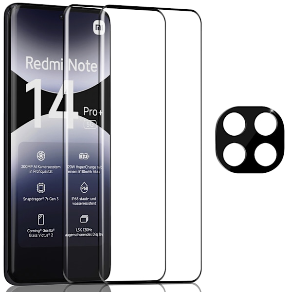 2-Pack Xiaomi Redmi Note 14 Pro Plus Skärmskydd & 1-Pack linsskydd - Härdat Glas 9H - Super kvalitet 3D