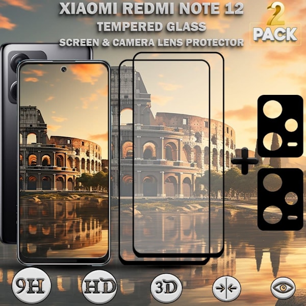 2-Pack XIAOMI REDMI NOTE 12 Näytönsuoja & 2-Pack linssinsuoja - Karkaistu Lasi 9H - Super laatu 3D