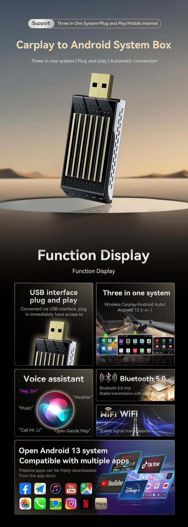 Langaton CarPlay & Android Auto -adapteri USB:llä ja Bluetooth 5.0:lla