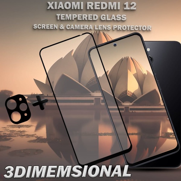 1-Pack XIAOMI REDMI 12 Skærmbeskyttelse & 1-Pack linsebeskyttelse - Hærdet Glas 9H - Super kvalitet 3D