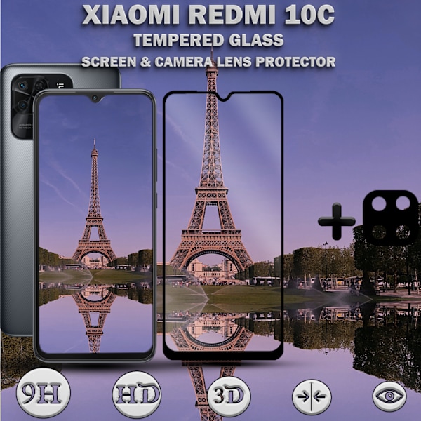 1-Pack XIAOMI REDMI 10C Skærmbeskyttelse & 1-Pack linsebeskyttelse - Hærdet Glas 9H - Super kvalitet 3D