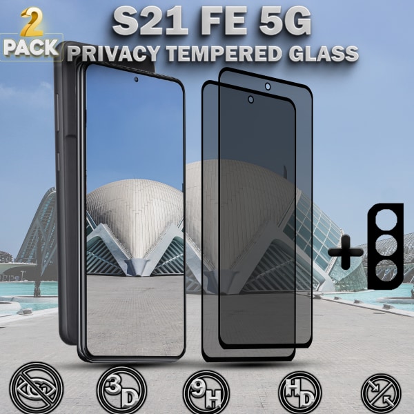 2-Pack Privacy SAMSUNG S21 FE 5G Skärmskydd & 1-Pack linsskydd - Härdat Glas 9H - Super kvalitet 3D