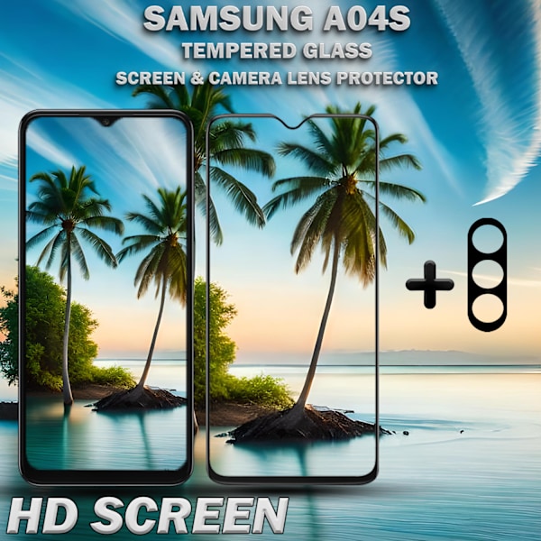 1-Pack SAMSUNG A04S Näytönsuoja & 1-Pack linssinsuoja - Karkaistu Lasi 9H - Super laatu 3D