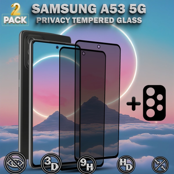 2-Pack Privacy Samsung A53 5G Skärmskydd & 1-Pack linsskydd - Härdat Glas 9H - Super kvalitet 3D