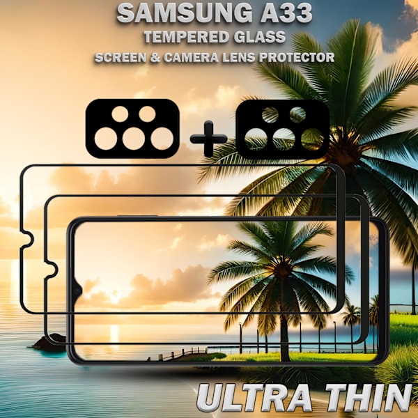 2-Pack SAMSUNG A33 Skærmbeskyttelse & 2-Pack linsebeskyttelse - Hærdet Glas 9H - Super kvalitet 3D