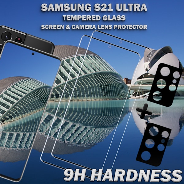 2-Pack SAMSUNG S21 ULTRA Skærmbeskyttelse & 2-Pack linsebeskyttelse - Hærdet Glas 9H - Super kvalitet 3D