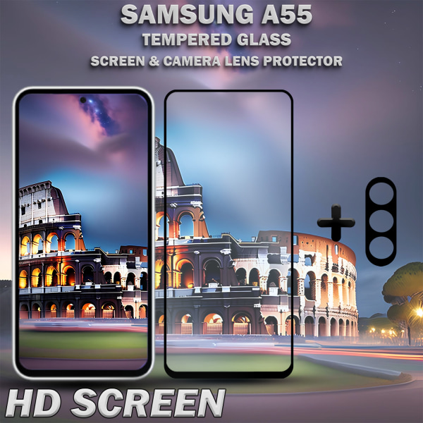 1-Pack SAMSUNG A55 Skärmskydd & 1-Pack linsskydd - Härdat Glas 9H - Super kvalitet 3D