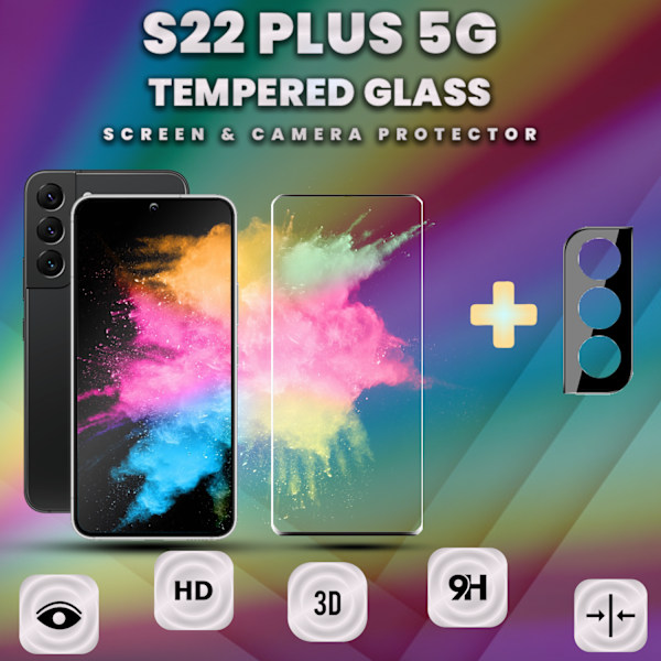 1-Pack SAMSUNG S22 PLUS Skærmbeskyttelse & 1-Pack linsebeskyttelse - Hærdet Glas 9H - Super kvalitet 3D