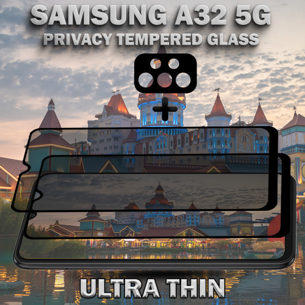 2-Pack Privacy Samsung A32 5G Skärmskydd & 1-Pack linsskydd - Härdat Glas 9H - Super kvalitet 3D