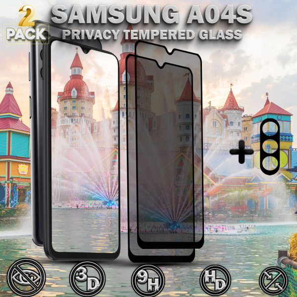 2-Pack Privacy Samsung A04S Skärmskydd & 1-Pack linsskydd - Härdat Glas 9H - Super kvalitet 3D