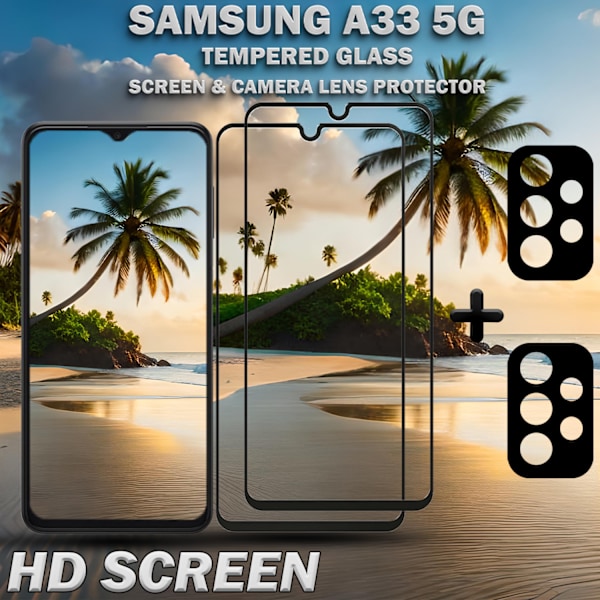 2-Pack SAMSUNG A33 Skærmbeskyttelse & 2-Pack linsebeskyttelse - Hærdet Glas 9H - Super kvalitet 3D