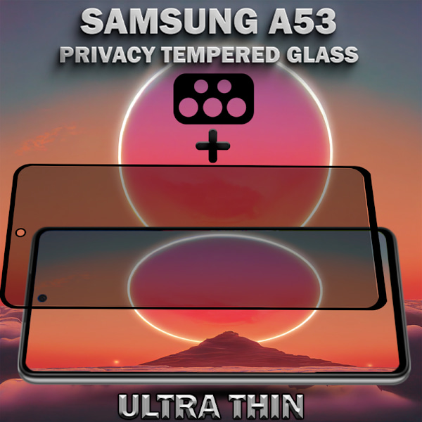 1-Pack Privacy Samsung A53 Skärmskydd & 1-Pack linsskydd - Härdat Glas 9H - Super kvalitet 3D