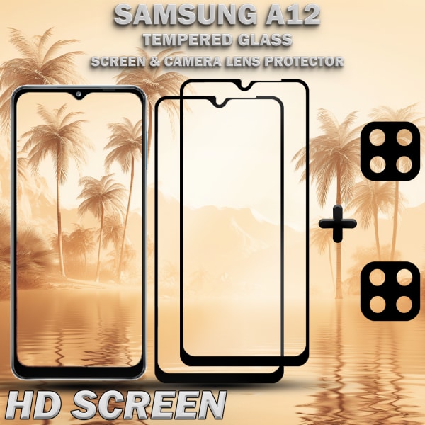 2-Pack Samsung A12 Skärmskydd & 2-Pack linsskydd - Härdat Glas 9H - Super kvalitet 3D