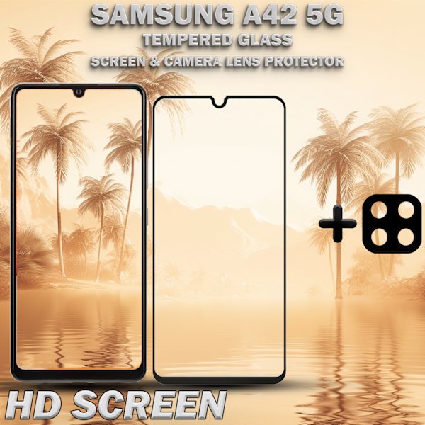 1-Pack Samsung A42 5G Skärmskydd & 1-Pack linsskydd - Härdat Glas 9H - Super kvalitet 3D