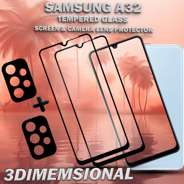 2-Pack SAMSUNG A32 Skærmbeskyttelse & 2-Pack linsebeskyttelse - Hærdet Glas 9H - Super kvalitet 3D