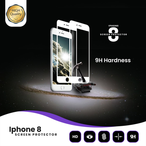 2-Pack Iphone 8 Vit -Härdat Glas 9H-Super Kvalitet 3D Skärmskydd