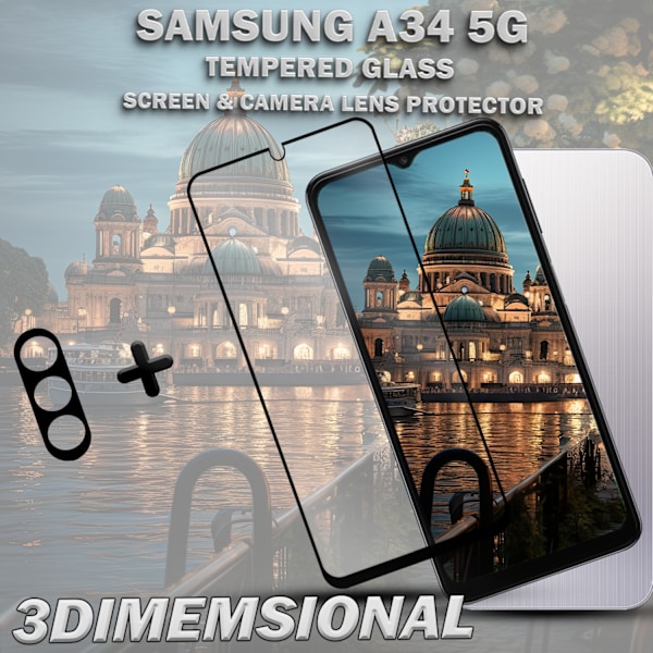 1-Pack SAMSUNG A34 Skærmbeskyttelse & 1-Pack linsebeskyttelse - Hærdet Glas 9H - Super kvalitet 3D