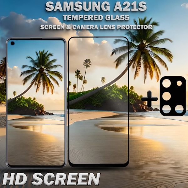 1-Pack SAMSUNG A21S Näytönsuoja & 1-Pack linssinsuoja - Karkaistu Lasi 9H - Super laatu 3D