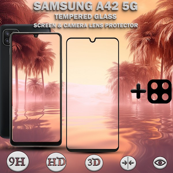 1-Pack Samsung A42 5G Skärmskydd & 1-Pack linsskydd - Härdat Glas 9H - Super kvalitet 3D