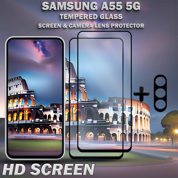 2-Pack SAMSUNG A55 5G Skärmskydd & 1-Pack linsskydd - Härdat Glas 9H - Super kvalitet 3D