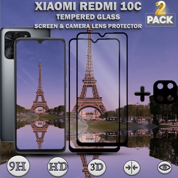 2-Pack Xiaomi Redmi 10C & 1-Pack linsskydd - Härdat Glas 9H - Super kvalitet 3D