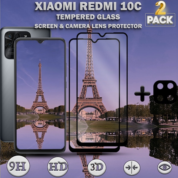 2-Pack Xiaomi Redmi 10C & 1-Pack linsskydd - Härdat Glas 9H - Super kvalitet 3D