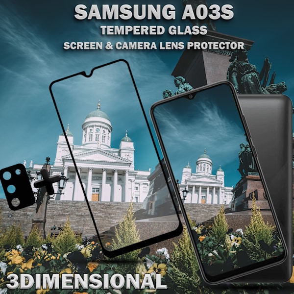 1-Pack Samsung A03s Skärmskydd & 1-Pack linsskydd - Härdat Glas 9H - Super kvalitet 3D