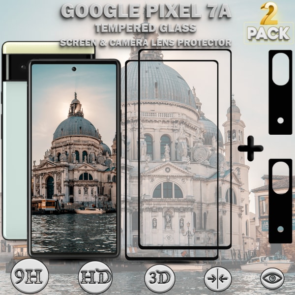 2-Pack GOOGLE PIXEL 7A Skärmskydd & 2-Pack linsskydd - Härdat Glas 9H - Super kvalitet 3D