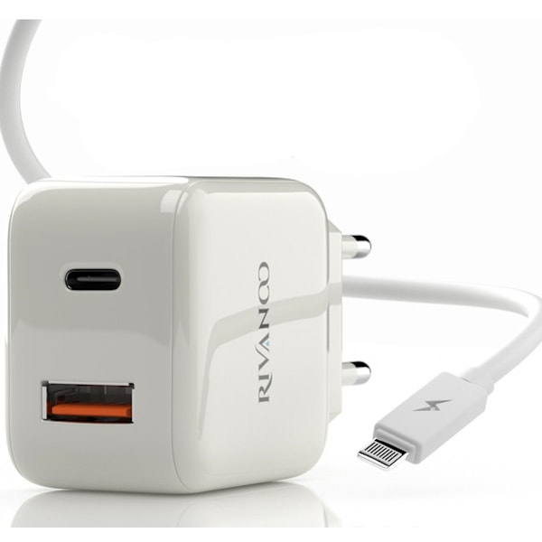 Snabb väggladdare - USB-C PD, USB-A - 20W med USB-A til Lightning kabel, 1m