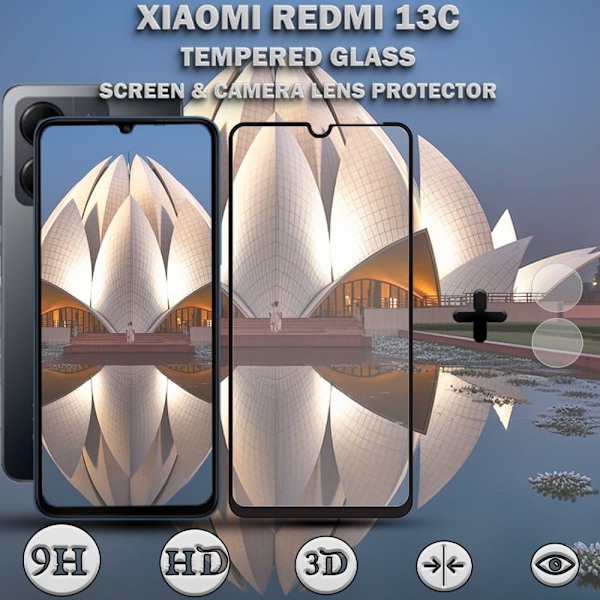 1-Pack XIAOMI REDMI 13C Skærmbeskyttelse & 1-Pack linsebeskyttelse - Hærdet Glas 9H - Super kvalitet 3D