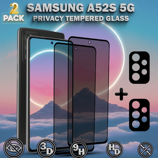 2-Pack Privacy Samsung A52S 5G Skärmskydd & 2-Pack Linsskydd - Härdat Glas 9H - Super kvalitet 3D