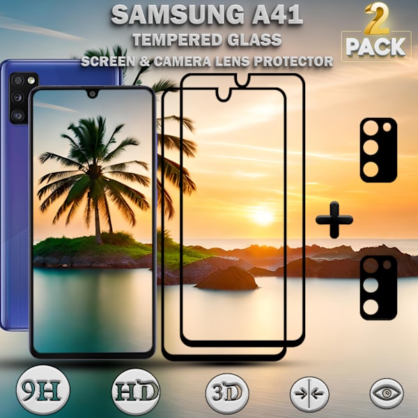 2-Pack SAMSUNG A41 Skærmbeskyttelse & 2-Pack linsebeskyttelse - Hærdet Glas 9H - Super kvalitet 3D