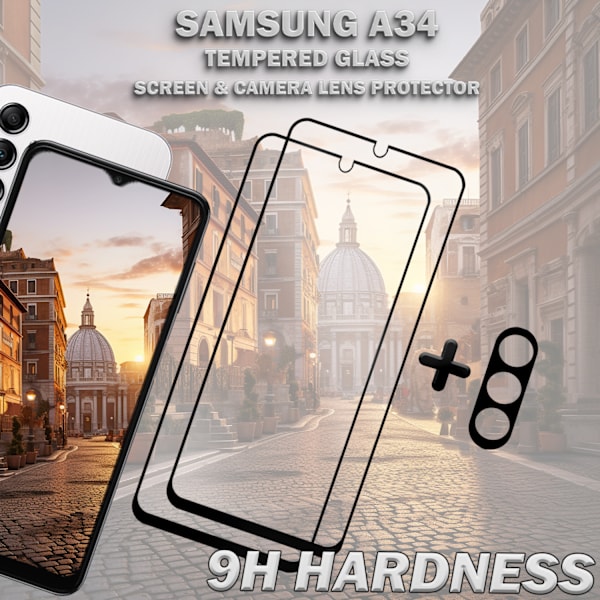 2-Pack SAMSUNG A34 Skærmbeskyttelse & 1-Pack linsebeskyttelse - Hærdet Glas 9H - Super kvalitet 3D