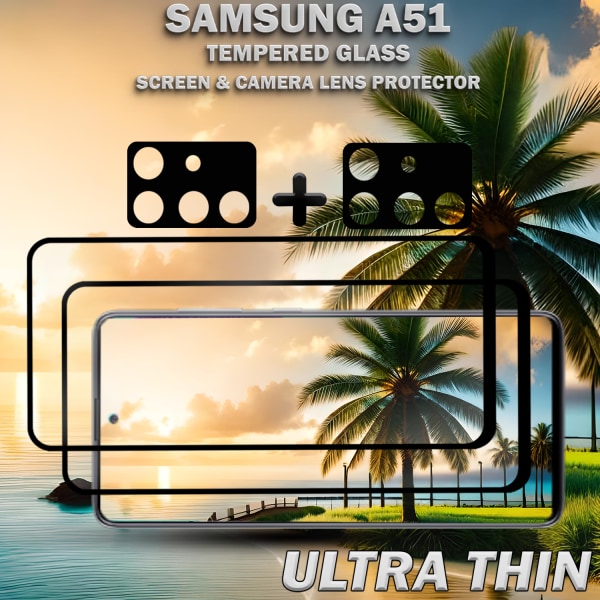 2-Pack Samsung A51 Skärmskydd & 2-Pack linsskydd - Härdat Glas 9H - Super kvalitet 3D