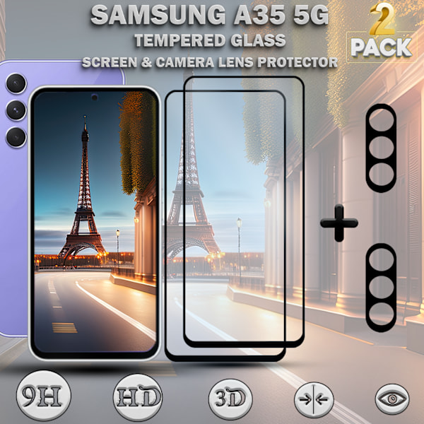 2-Pack SAMSUNG A35 Skærmbeskyttelse & 2-Pack linsebeskyttelse - Hærdet Glas 9H - Super kvalitet 3D