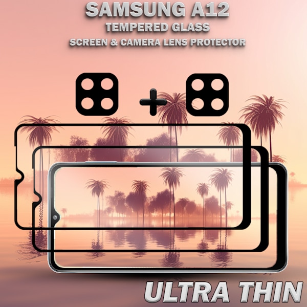 2-Pack Samsung A12 Skärmskydd & 2-Pack linsskydd - Härdat Glas 9H - Super kvalitet 3D