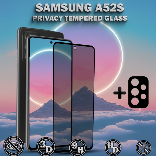 1-Pack Privacy Samsung A52S Skärmskydd & 1-Pack linsskydd - Härdat Glas 9H - Super kvalitet 3D
