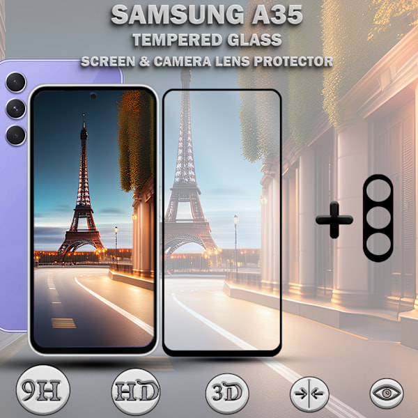 1-Pack SAMSUNG A35 Skærmbeskyttelse & 1-Pack linsebeskyttelse - Hærdet Glas 9H - Super kvalitet 3D