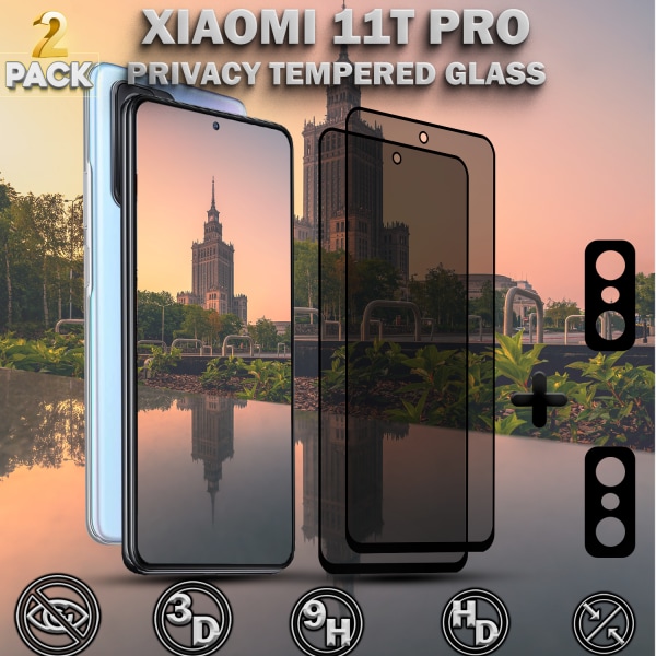 2-Pack Privacy XIAOMI 11T PRO Skärmskydd & 2-Pack linsskydd - Härdat Glas 9H - Super kvalitet 3D