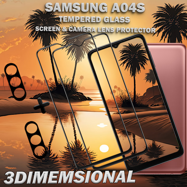 2-Pack Samsung A04s Skärmskydd & 2-Pack linsskydd - Härdat Glas 9H - Super kvalitet 3D